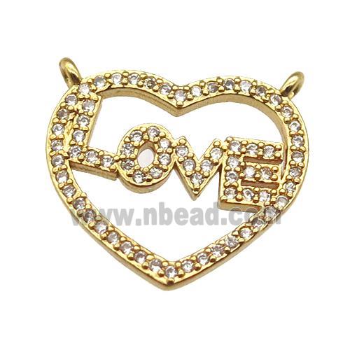 copper LOVE heart pendant paved zircon with 2loops, gold plated