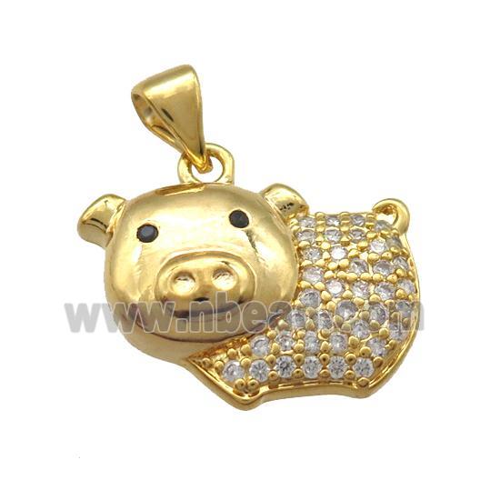 copper pig pendant paved zircon, gold plated