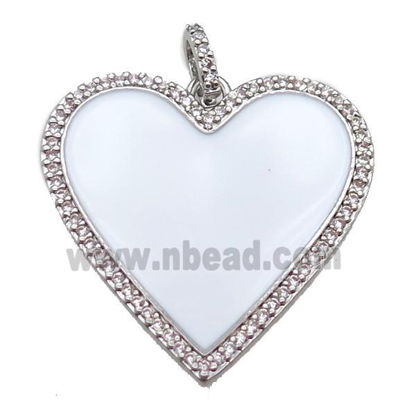 copper heart pendant paved zircon, enameling, platinum plated