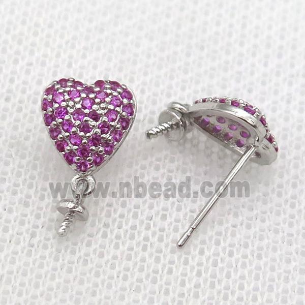 copper Studs Earring paved zircon, heart, platinum plated