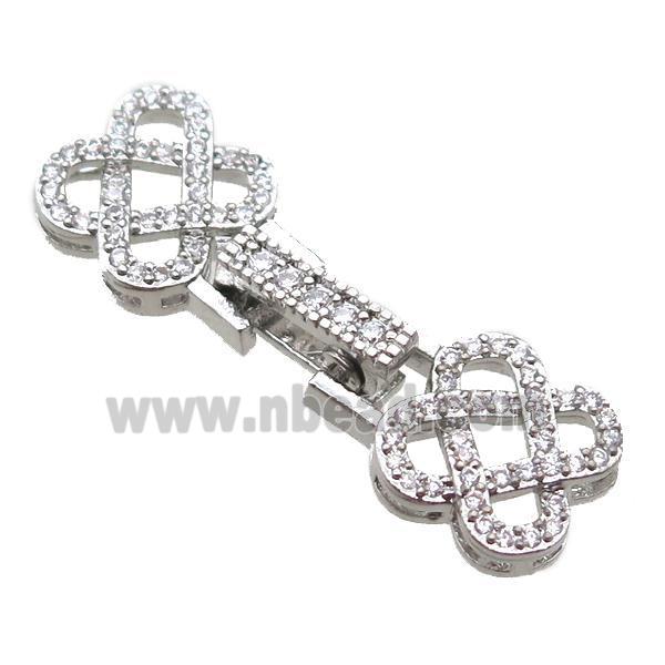 copper connector clasp paved zircon, knot, platinum plated