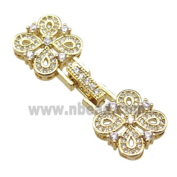 copper connector clasp paved zircon, clover, gold plated