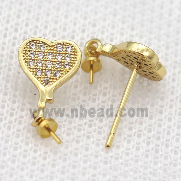 copper Stud Earrings paved zircon, heart, gold plated