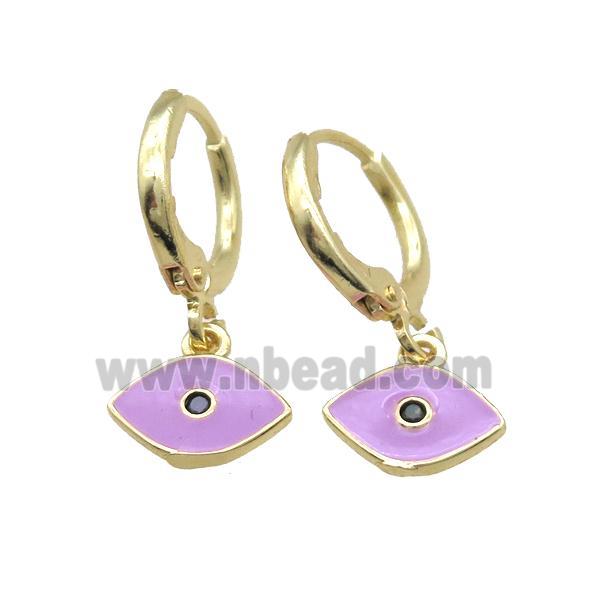 copper Hoop Earrings paved zircon, lavender enameling eye, gold plated