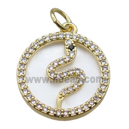 copper circle pendant paved zircon with snake, gold plated, shell backing