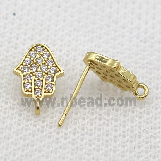 copper Studs Earrings paved zircon, hamsahand, gold plated