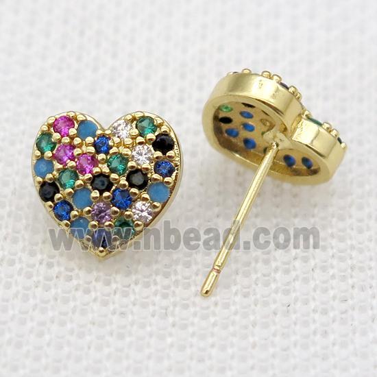 copper Studs Earrings paved zircon, heart, gold plated