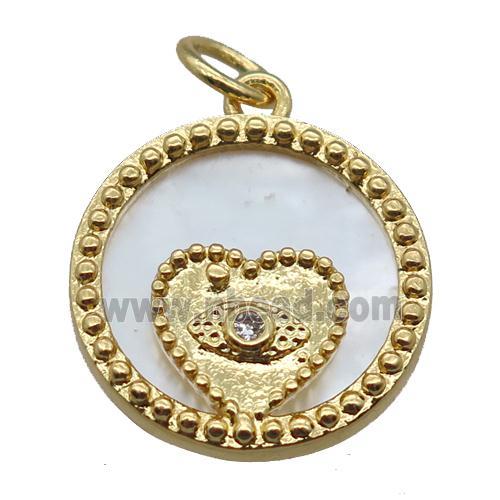 copper circle pendant paved zircon, heart, shell backing, gold plated