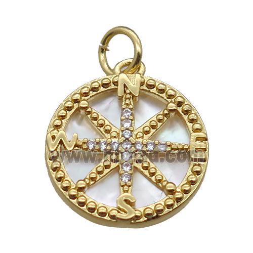 copper circle pendant paved zircon, compass, shell backing, gold plated