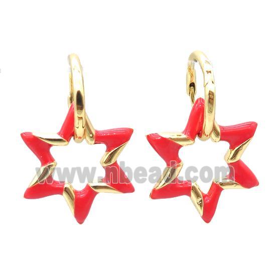 copper hoop Earring with red enameling, star, gold plated