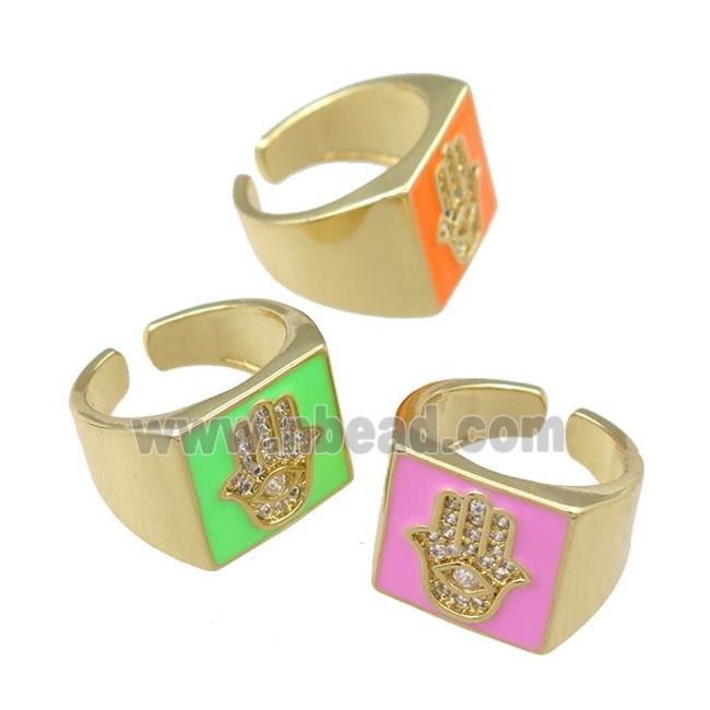 copper Rings with enameled, hamsahand, adjustable, gold plated, mixed