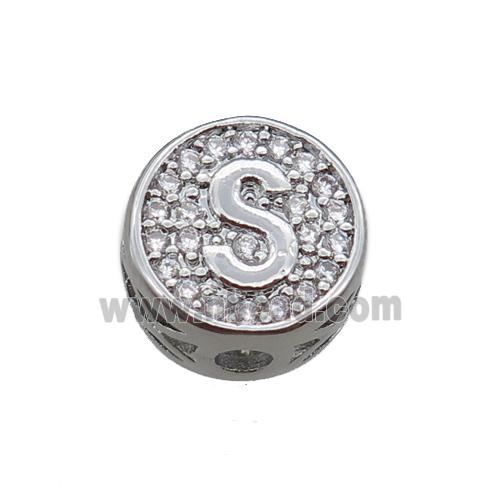 copper beads pave zircon, letter, platinum plated