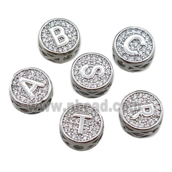 copper alphabet beads pave zircon, mix letter, platinum plated