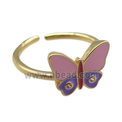 copper Rings, enameled butterfly, adjustable, gold plated