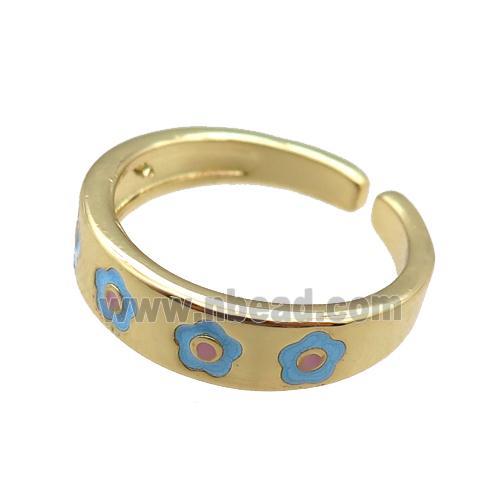 Copper Rings with blue enameling flower, gold plated