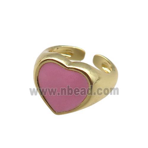 Copper Rings with pink enameled heart, adjustable, gold plated