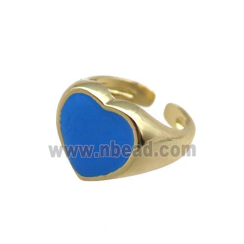 Copper Rings with blue enameled heart, adjustable, gold plated