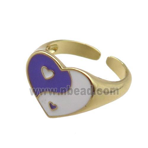 Copper Rings with enameled heart, adjustable, gold plated