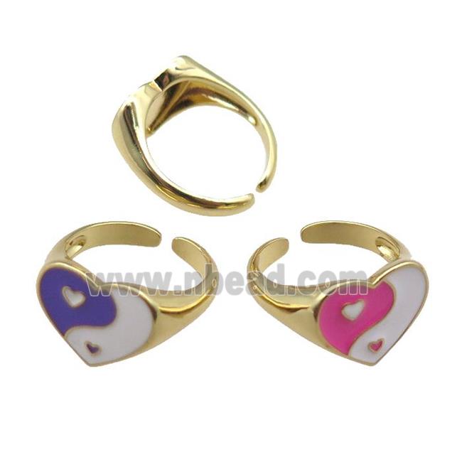 mix Copper Rings with enameled heart, yinyang, adjustable, gold plated