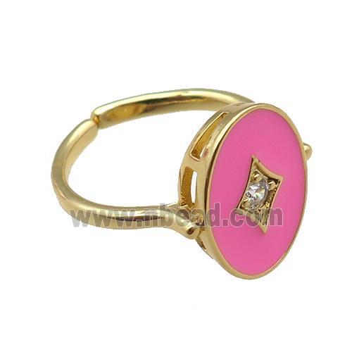 copper rings with pink enameled, adjustable, gold plated