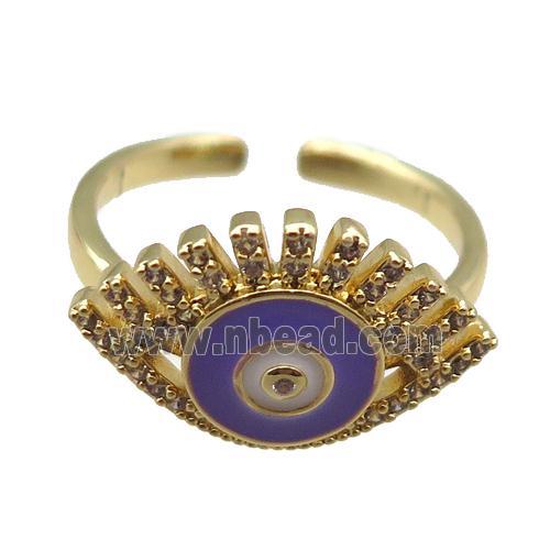 copper rings with purple enameled evil eye, adjustable, gold plated