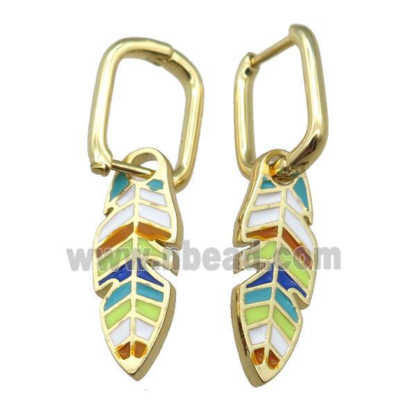 copper Latchback Earrings with Rainbow Enamel Leaf, gold plated