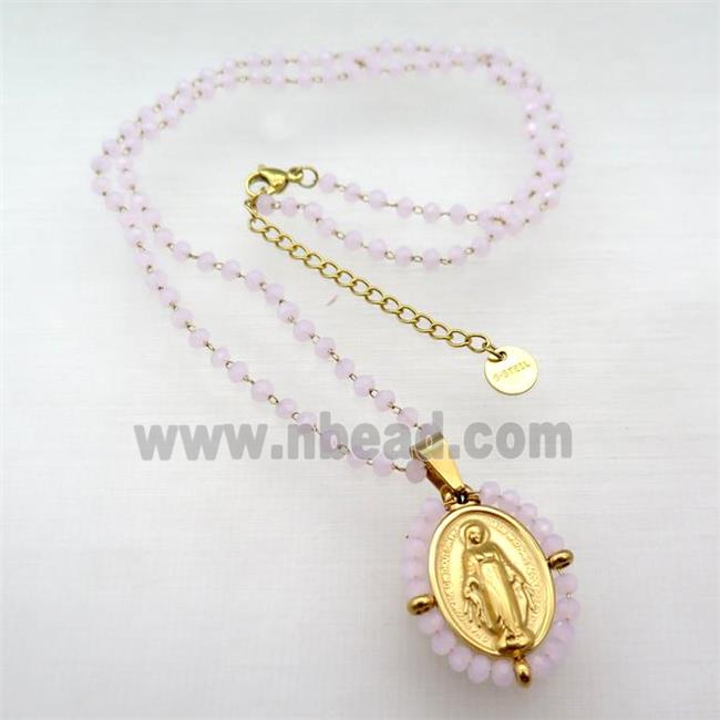 Stainless Steel Jesus Necklace Pink Crystal Glass Gold Plated