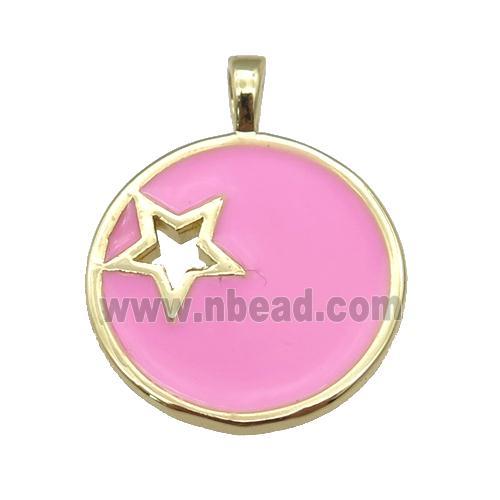 copper Circle pendant with pink enamel, star, gold plated