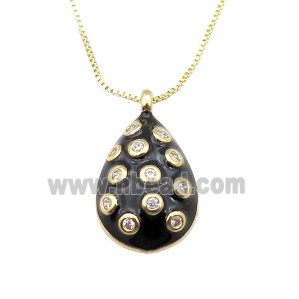 copper Necklace with teardrop paved zircon, black enamel, gold plated