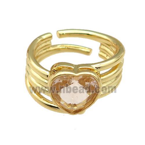 copper Ring paved zircon, heart, gold plated