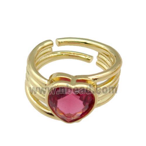 copper Ring paved zircon, red heart, gold plated