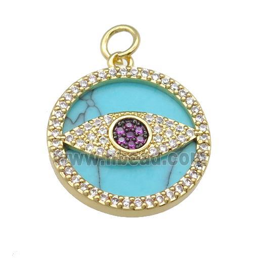 copper circle Eye pendant paved Turquoise, zircon, gold plated