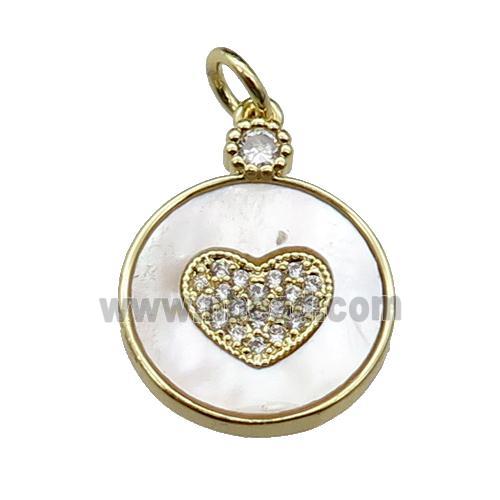 copper circle Heart pendant pave shell zircon, gold plated