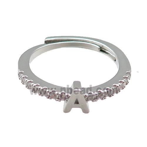 copper Ring pave zircon, letter-A, adjustable, platinum plated