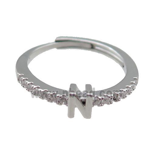 copper Ring pave zircon, letter-N, adjustable, platinum plated