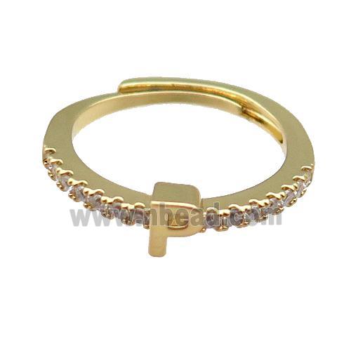 copper Ring pave zircon, letter-P, adjustable, gold plated