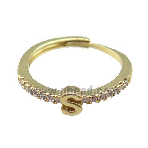 copper Ring pave zircon, letter-S, adjustable, gold plated