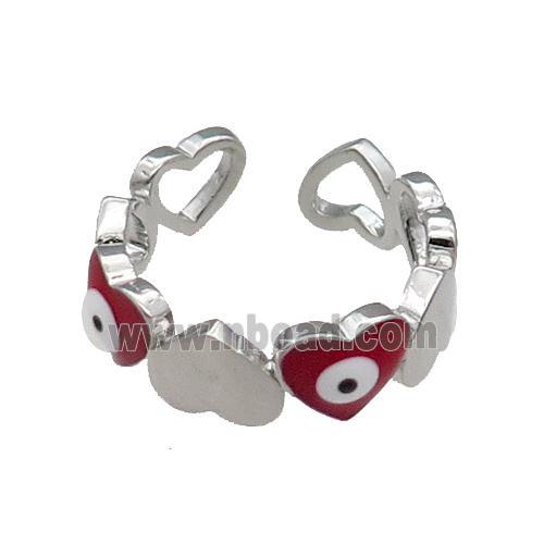 Copper Heart Ring Red Enamel Evil Eye Platinum Plated