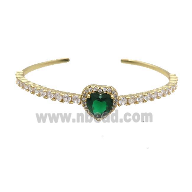 Copper Heart Bangle Pave Zircon Green Crystal Gold Plated