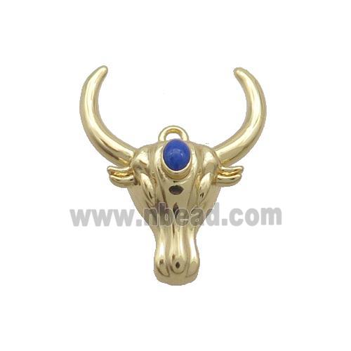 Copper Bullhead Pendant Pave Blue Crystal Gold Plated