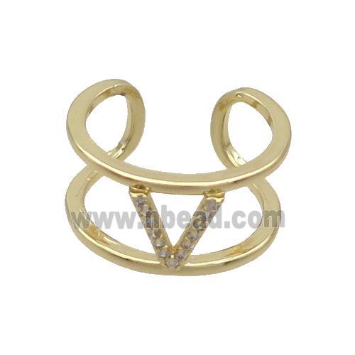 Copper Ring Pave Zircon V-Letter Gold Plated