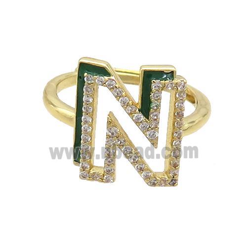 Copper Ring Pave Zircon N-Letter Adjustable Enamel Gold Plated