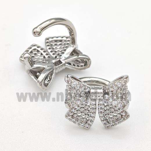 Copper Bow Clip Earrings Pave Zirconia Platinum Plated