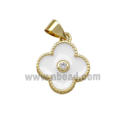 Copper Clover Pendant Pave Zirconia White Enamel Gold Plated