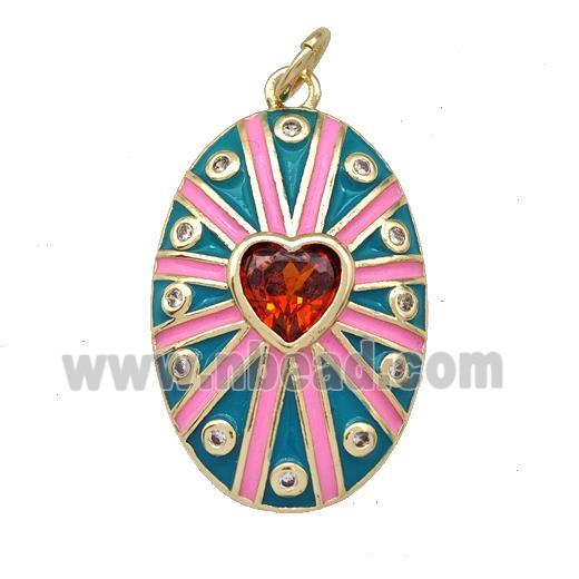 Copper Oval Pendant Pave Red Zirconia Heart Teal Enamel Gold Plated