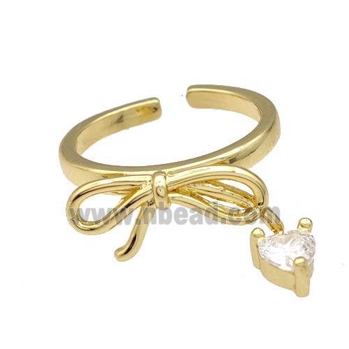 Copper Bow Rings Pave Heart Zirconia Gold Plated