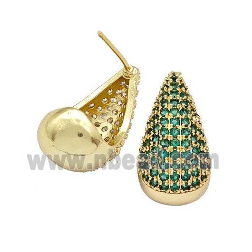 Copper Teardrop Stud Earrings Micro Pave Green Zirconia Hollow Gold Plated