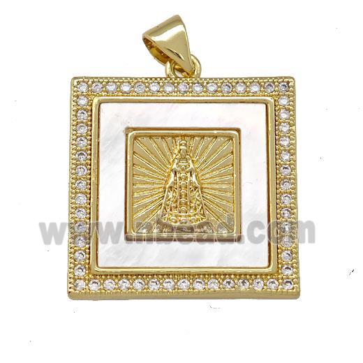 Virgin Mary Charms Copper Square Pendant Pave Shell Zirconia 18K Gold Plated