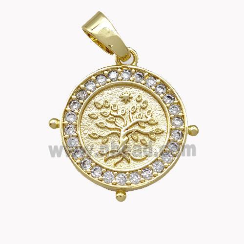 Copper Circle Pendant Pave Zirconia Tree Gold Plated
