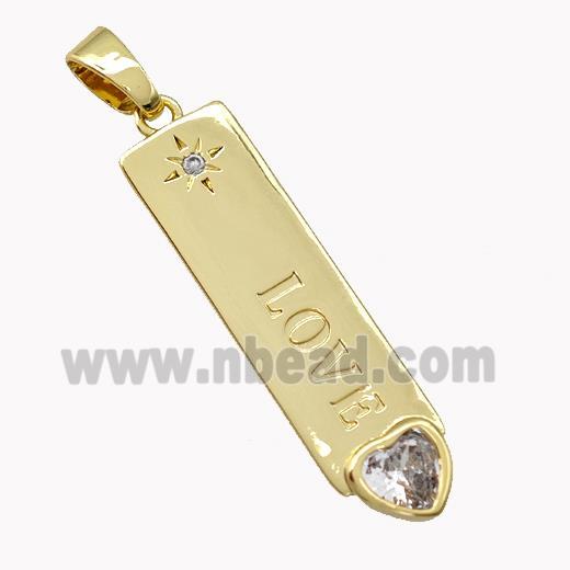 Copper Stick Pendant Pave Zirconia LOVE Heart Gold Plated